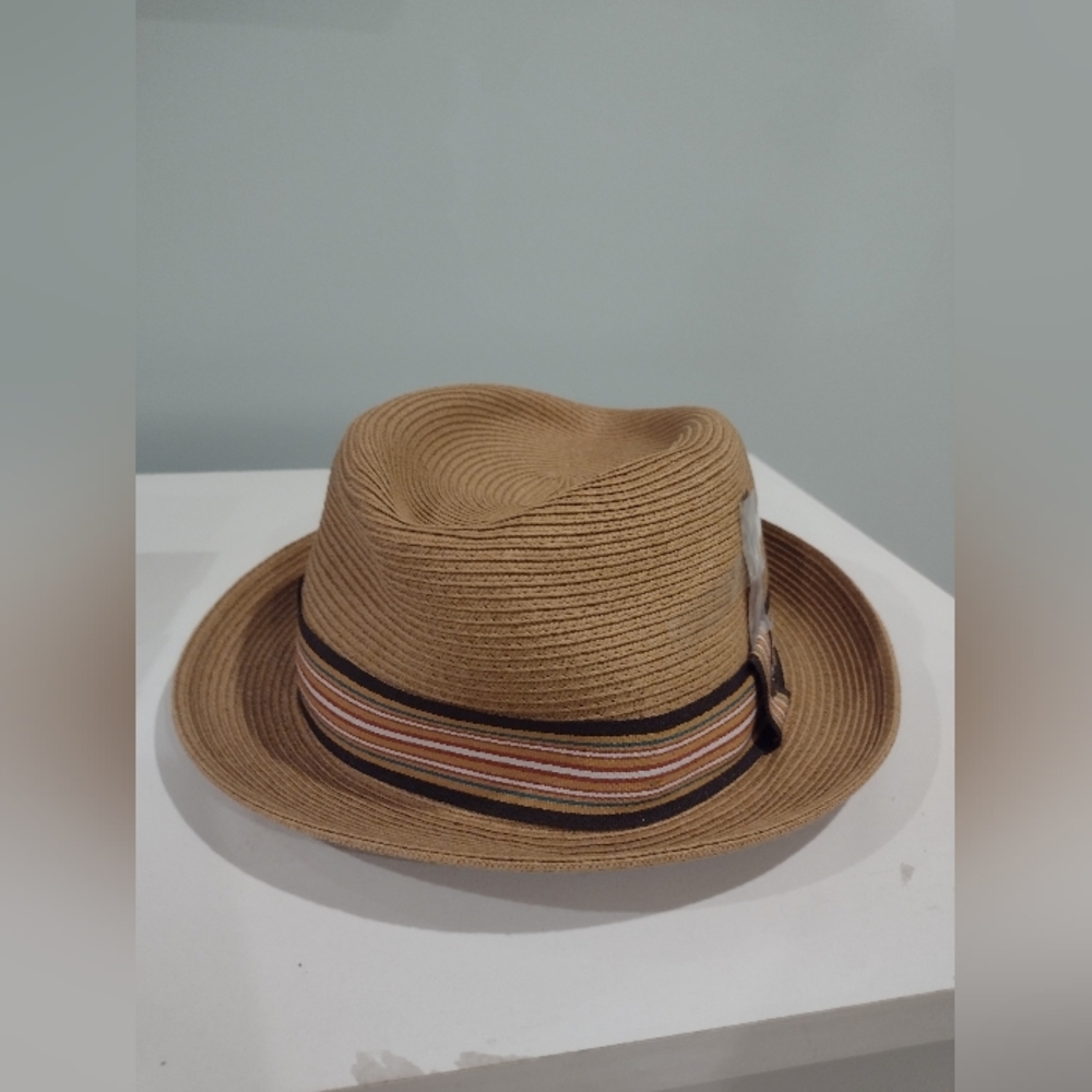 Jaxon beige fedora w/ striped band and small feather NWT - Picture 4 of 8